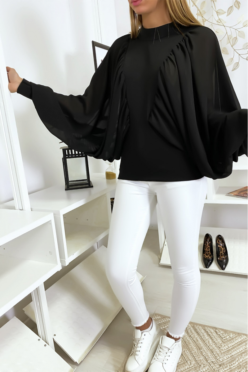 Blouse noir bi matière avec ample manches en crêpe Blouse noir bi matière avec ample manches en crêpe