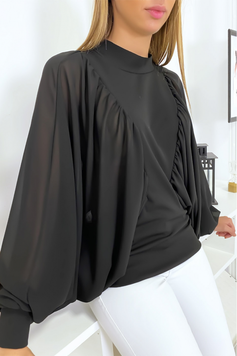 Blouse noir bi matière avec ample manches en crêpe Blouse noir bi matière avec ample manches en crêpe
