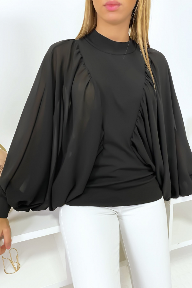 Blouse noir bi matière avec ample manches en crêpe Blouse noir bi matière avec ample manches en crêpe
