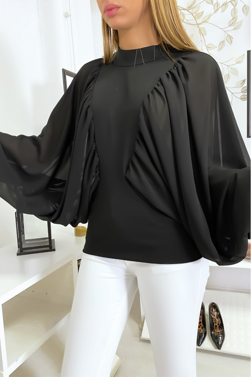 Blouse noir bi matière avec ample manches en crêpe Blouse noir bi matière avec ample manches en crêpe