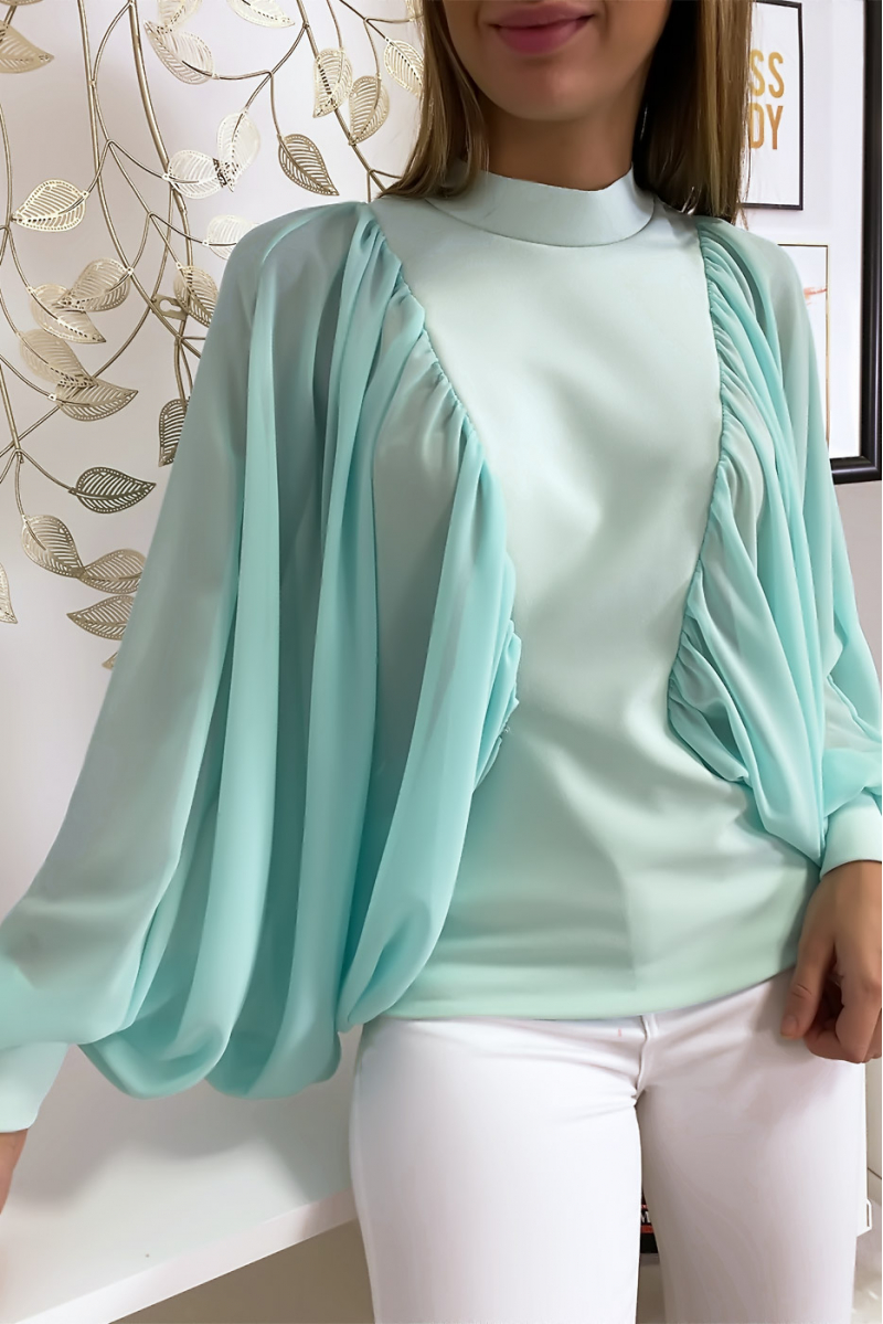 Blouse turquoise bi matière avec ample manches en crêpe Blouse turquoise bi matière avec ample manches en crêpe