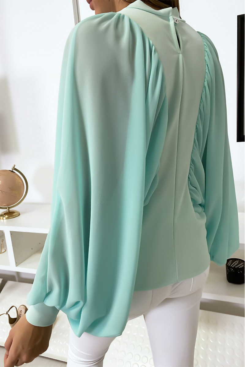 Blouse turquoise bi matière avec ample manches en crêpe Blouse turquoise bi matière avec ample manches en crêpe