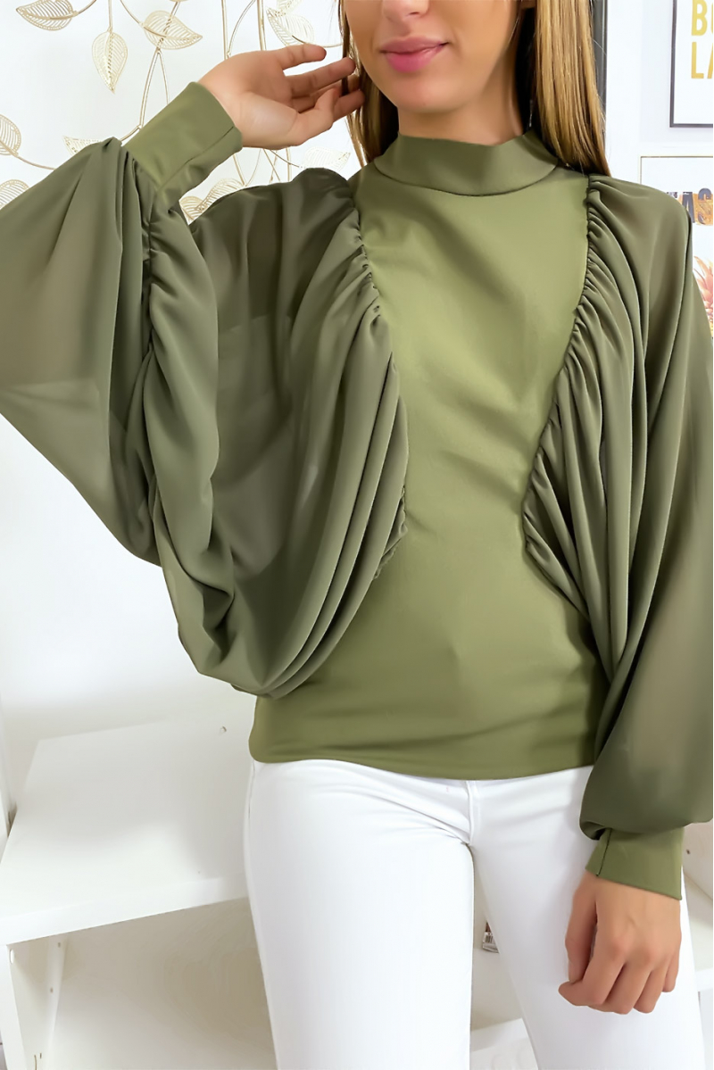 Blouse kaki bi matière avec ample manches en crêpe Blouse kaki bi matière avec ample manches en crêpe