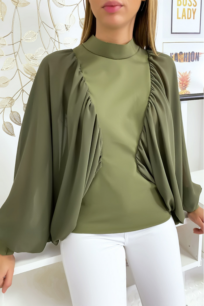 Blouse kaki bi matière avec ample manches en crêpe Blouse kaki bi matière avec ample manches en crêpe