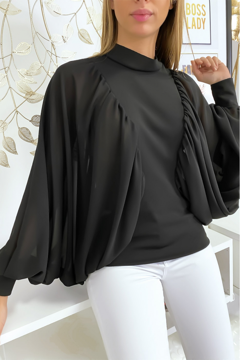 Blouse noir bi matière avec ample manches en crêpe Blouse noir bi matière avec ample manches en crêpe
