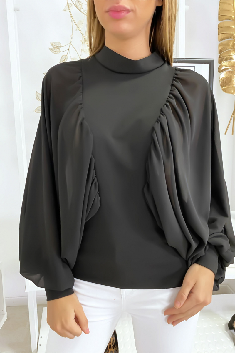 Blouse noir bi matière avec ample manches en crêpe Blouse noir bi matière avec ample manches en crêpe