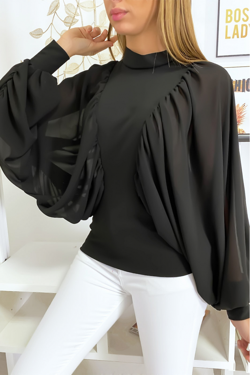 Blouse noir bi matière avec ample manches en crêpe Blouse noir bi matière avec ample manches en crêpe
