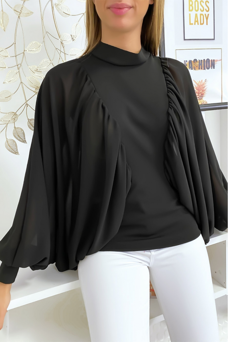 Blouse noir bi matière avec ample manches en crêpe Blouse noir bi matière avec ample manches en crêpe