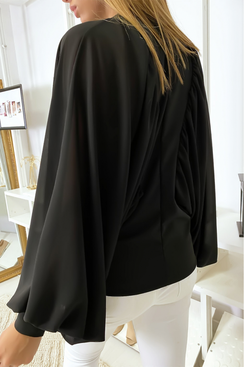 Blouse noir bi matière avec ample manches en crêpe Blouse noir bi matière avec ample manches en crêpe