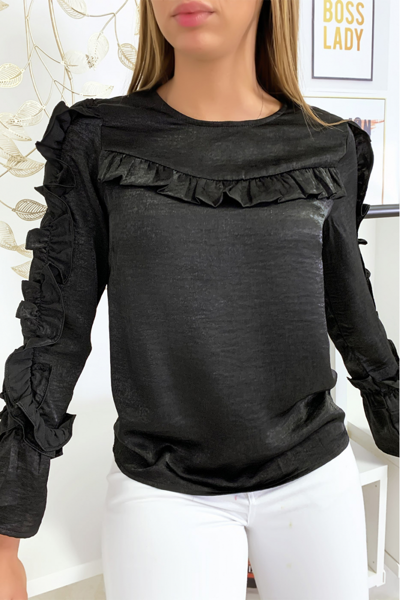 Blouse noir matière brillante avec froufrou au buste et aux manches Blouse noir matière brillante avec froufrou au buste et aux manches