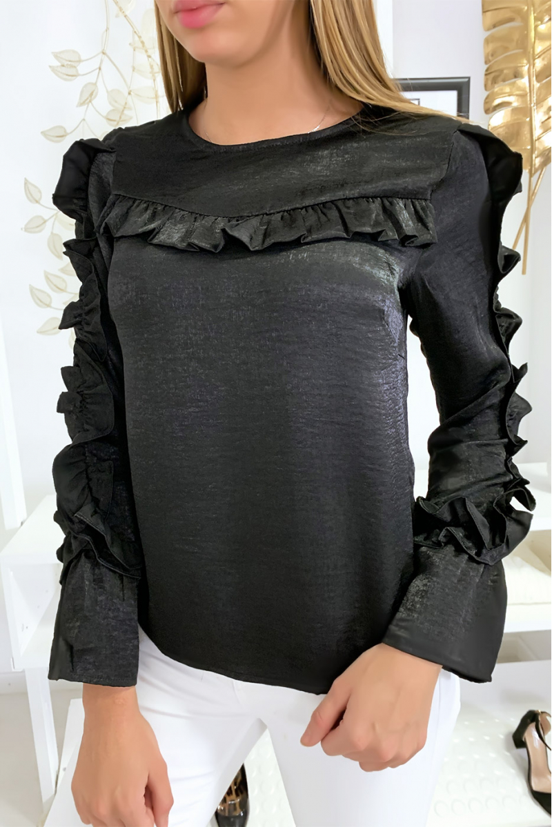 Blouse noir matière brillante avec froufrou au buste et aux manches Blouse noir matière brillante avec froufrou au buste et aux manches