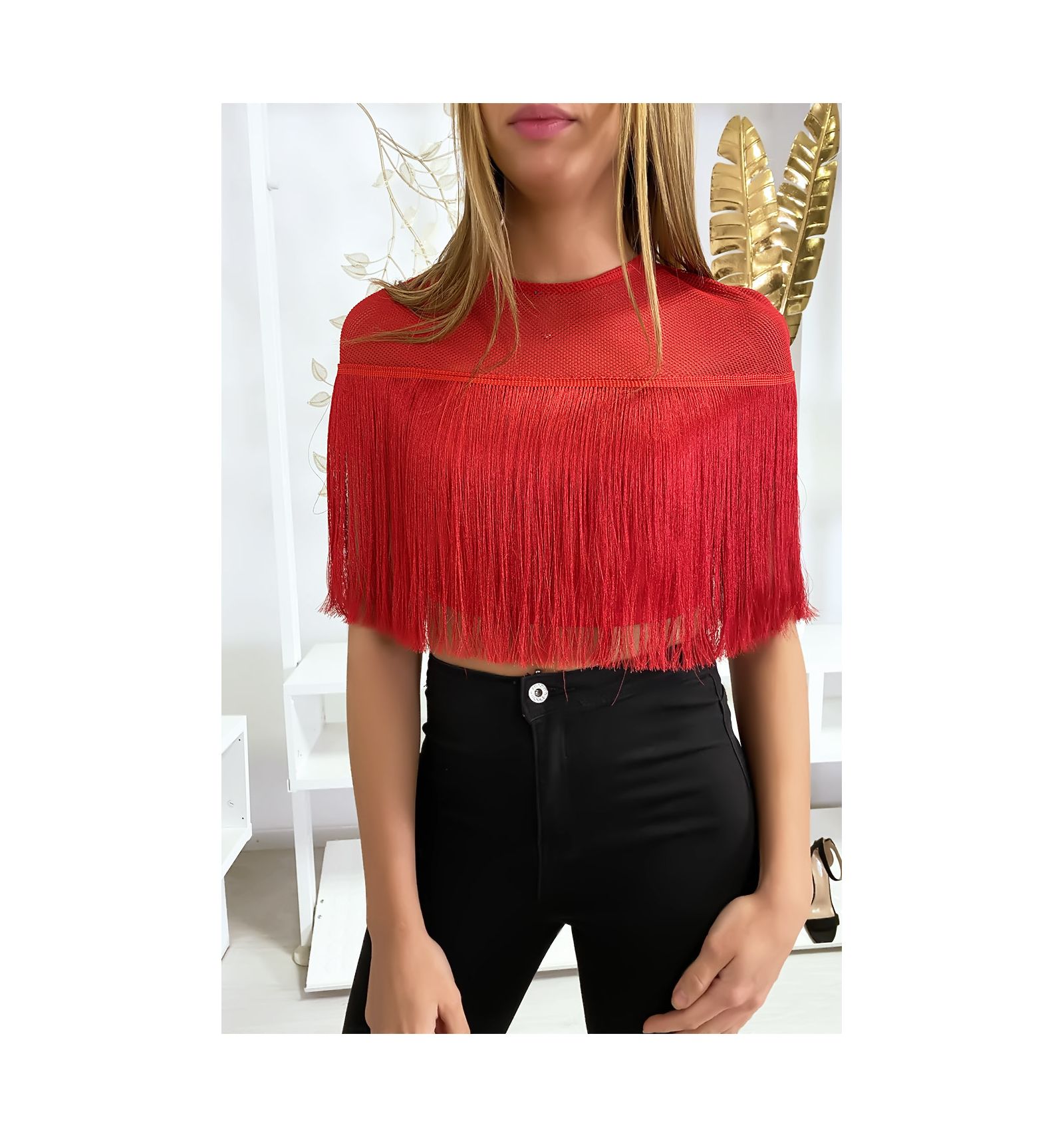 red fringe crop top
