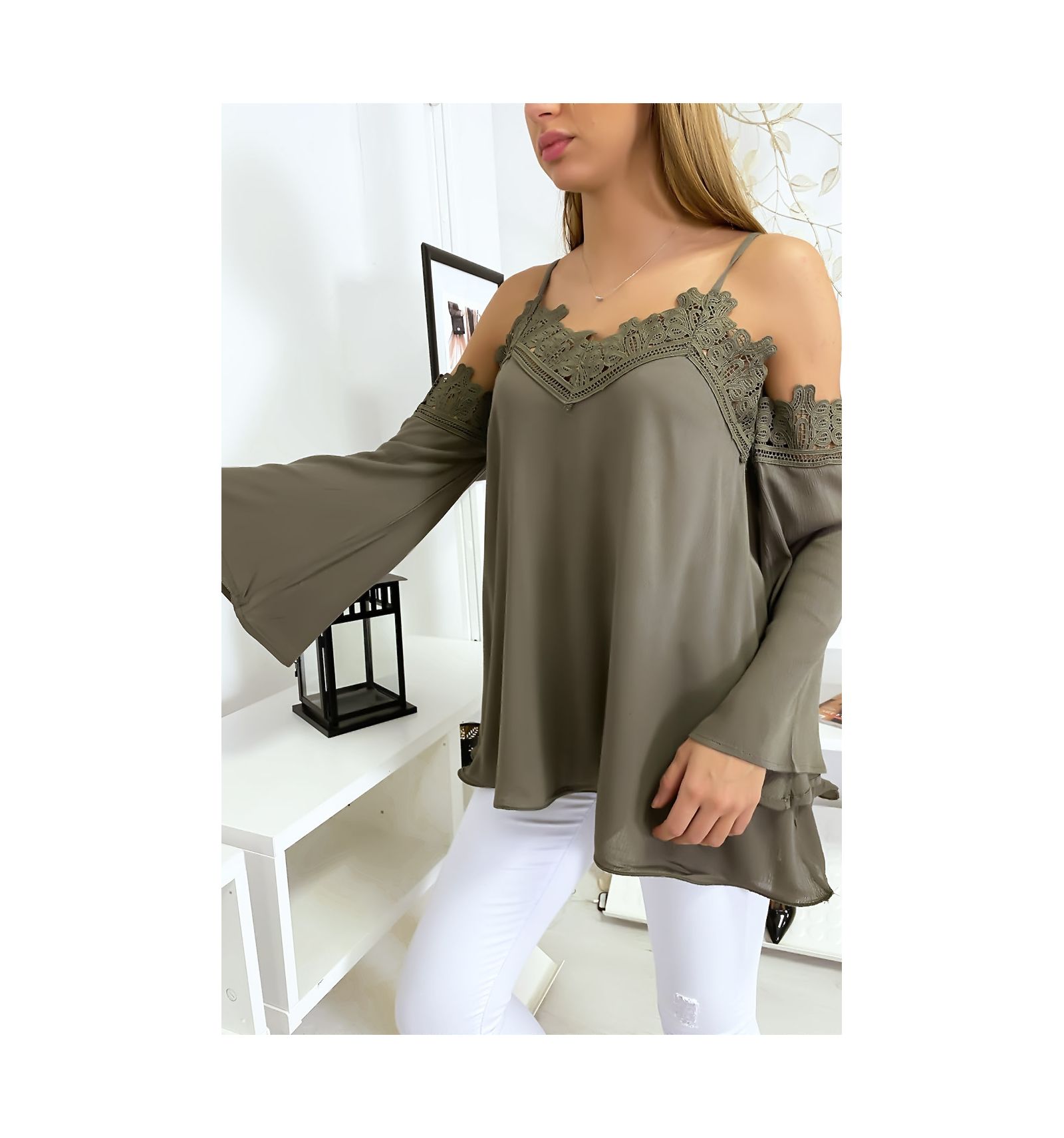 Top kaki dentelle Clearance