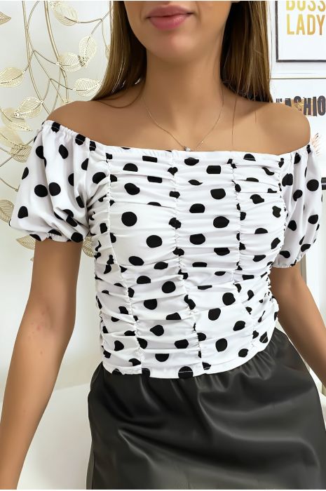 white polka dot bardot top