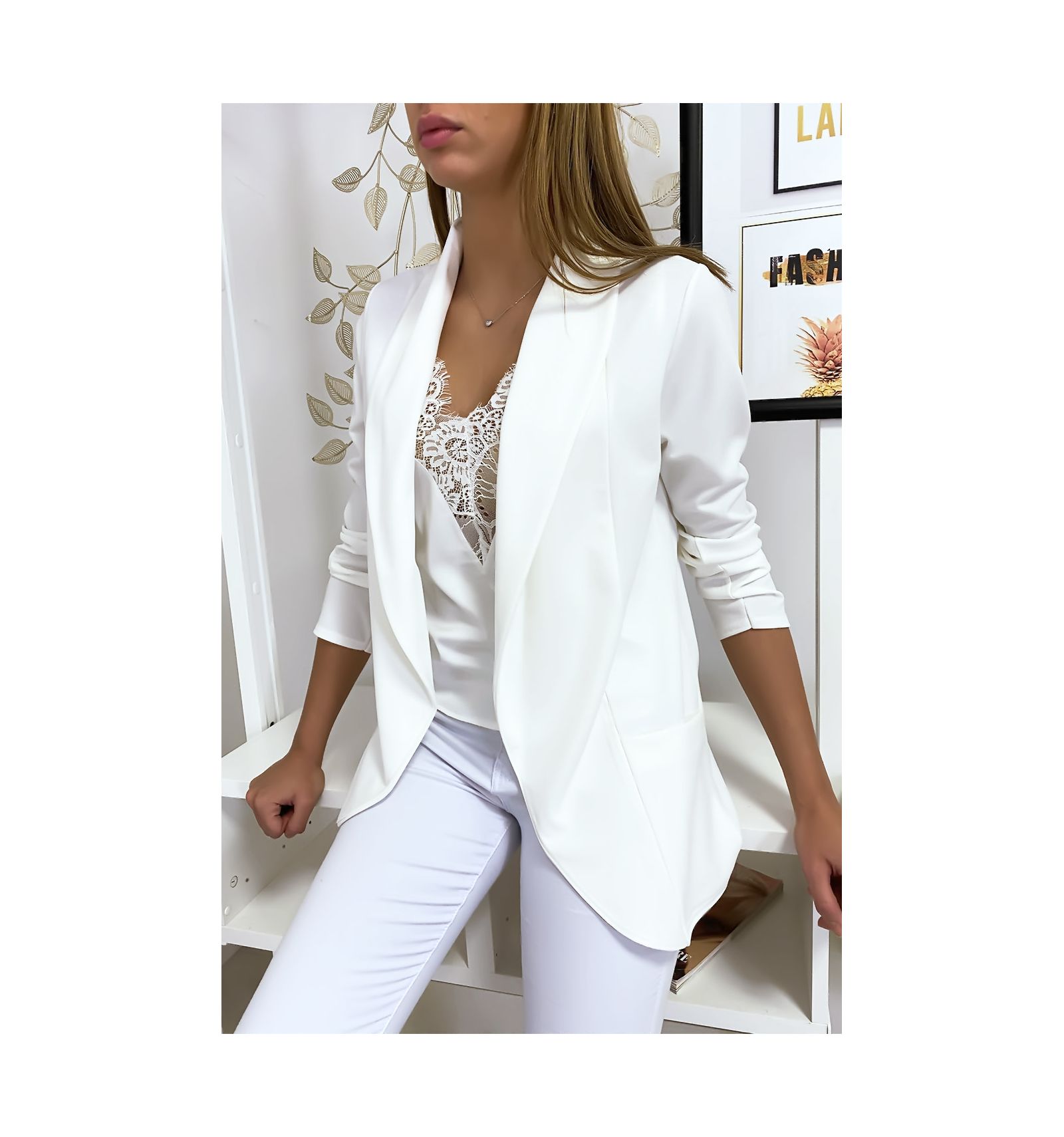 Veste Blazer blanche col châle avec poches. Blazer femme 1526