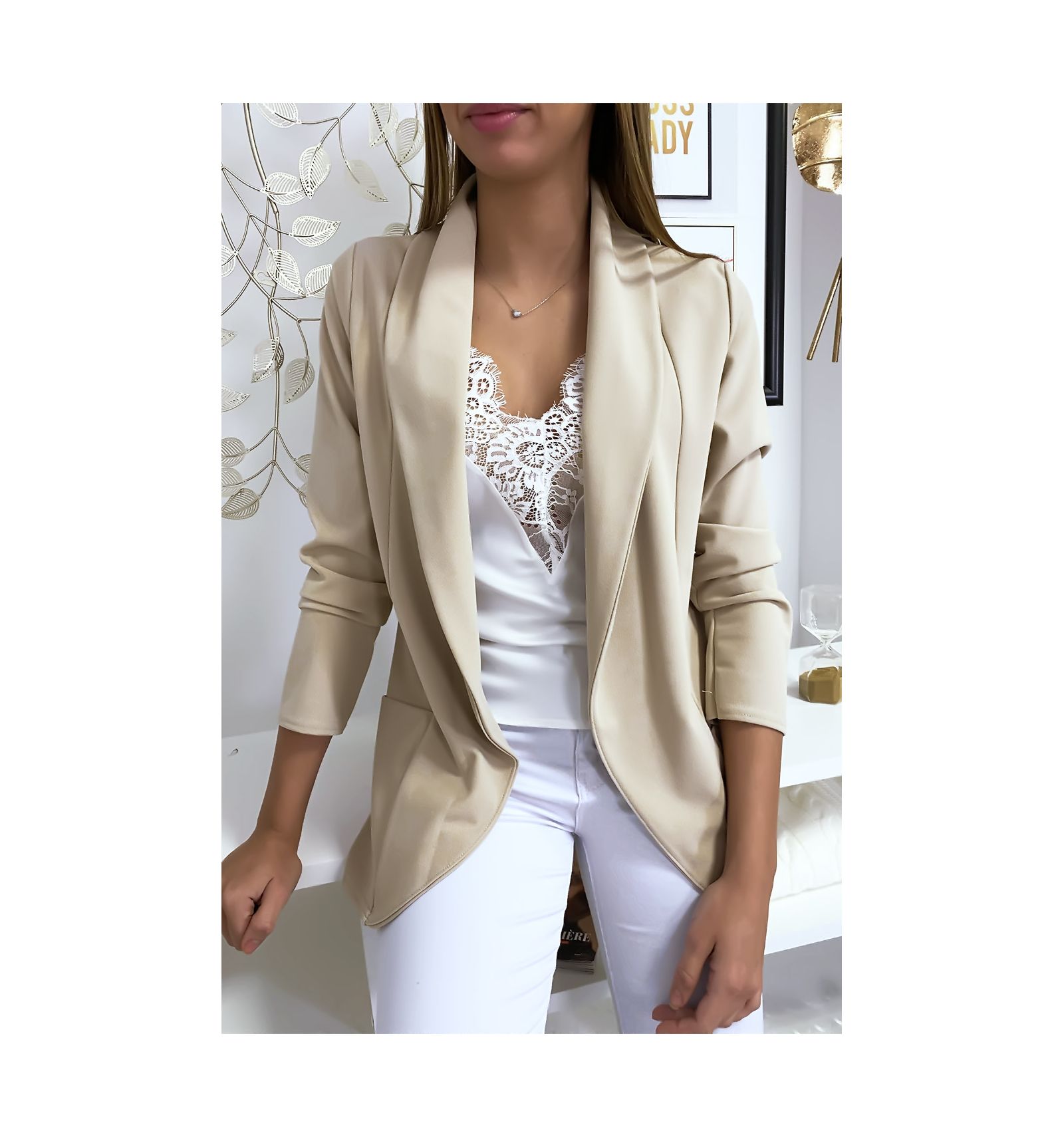 Beige blazer jacket with shawl collar with pockets. Women's blazer 1526