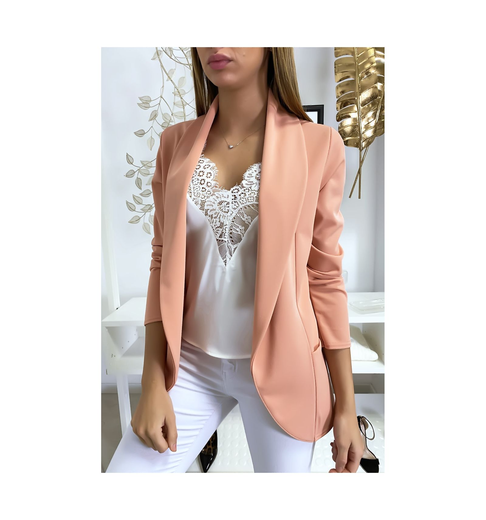 Veste Blazer rose col châle avec poches. Blazer femme 1526
