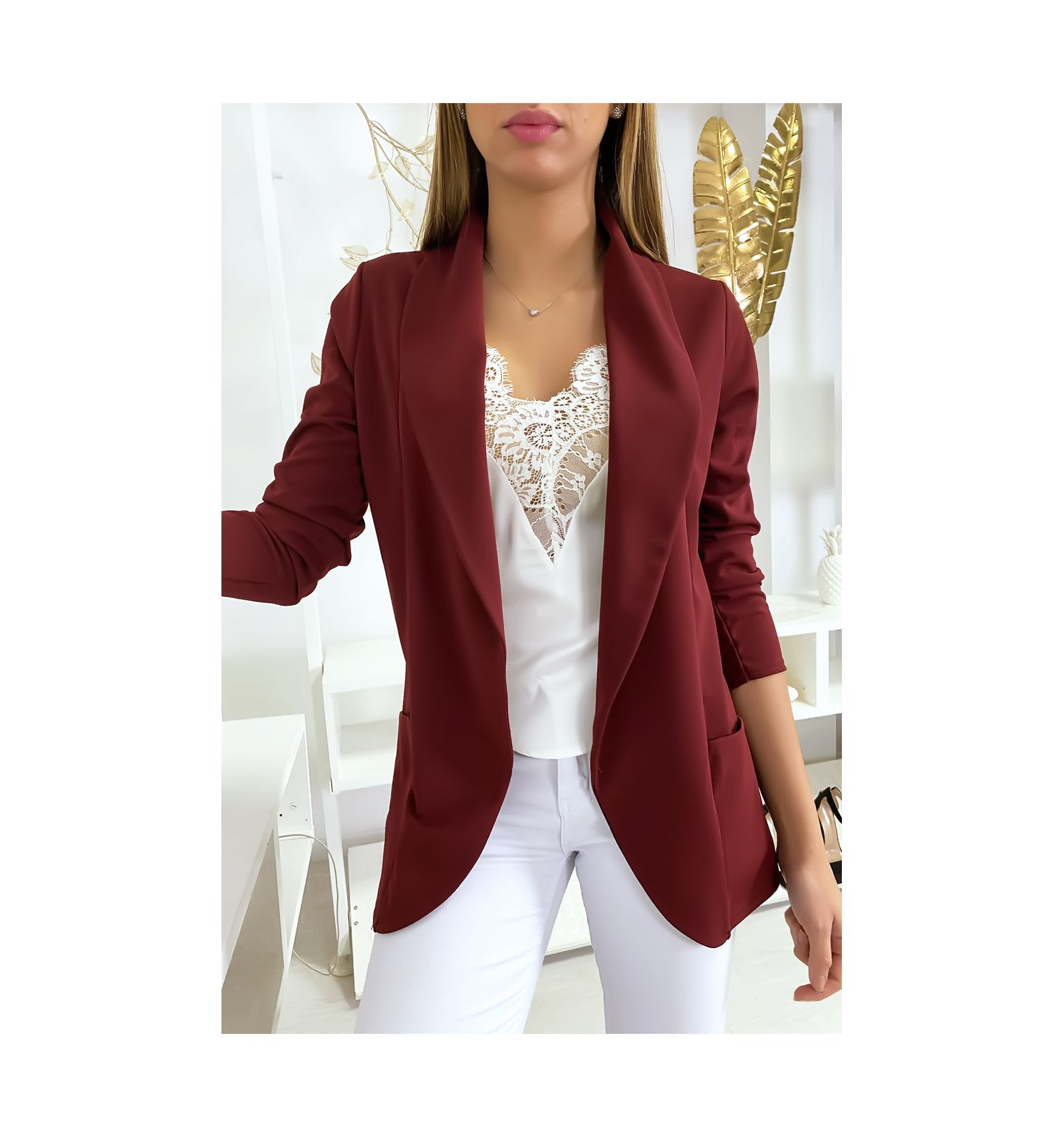 Veste Blazer bordeaux col châle avec poches. Blazer femme 1526