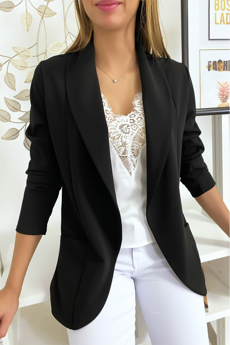 Veste Blazer noir col châle avec poches. Blazer femme 1526 Veste Blazer noir col châle avec poches. Blazer femme 1526