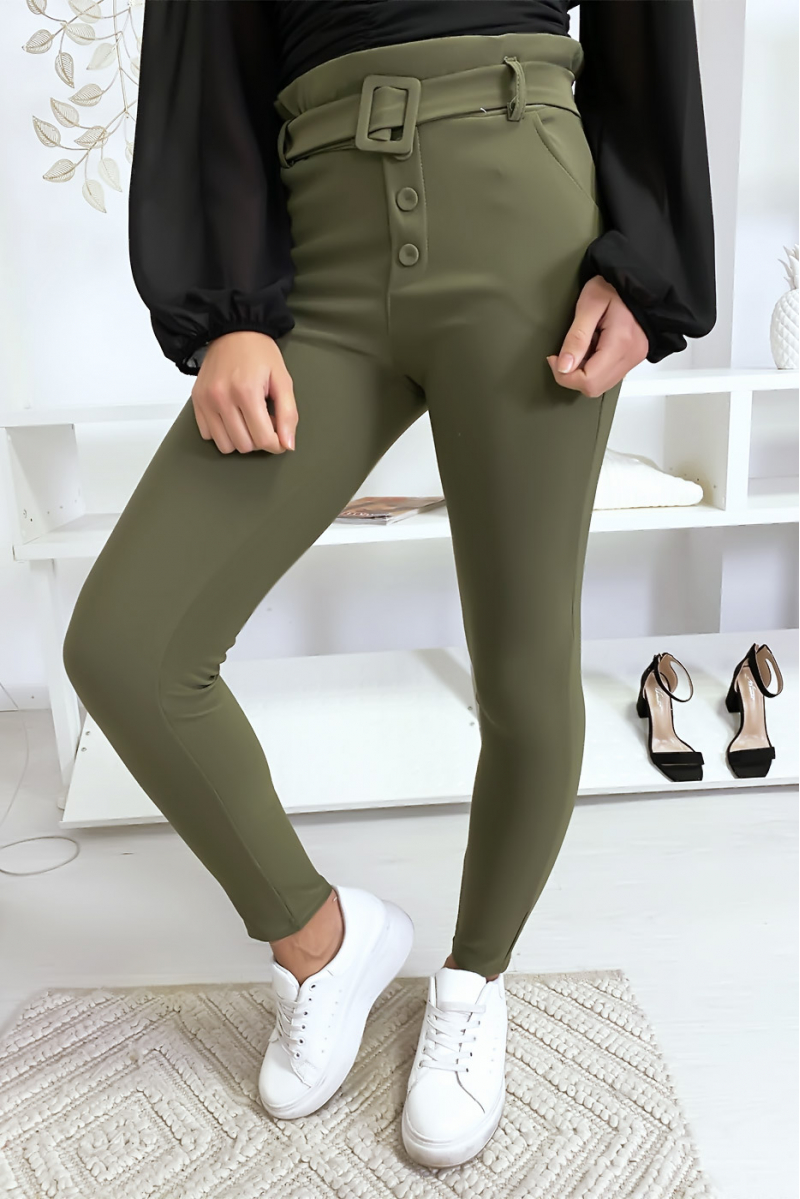 Slim fit broek met hoge taille in kaki met knoopzak en riem Slim fit broek met hoge taille in kaki met knoopzak en riem