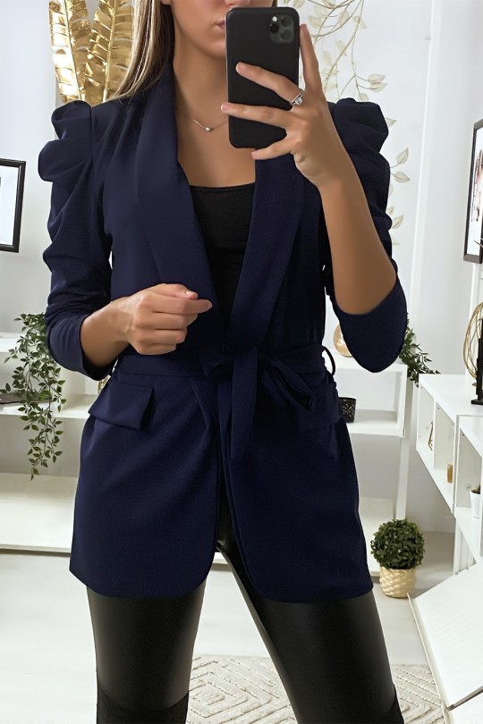 Blazer marine avec épaules bouffante et ceinture Blazer marine avec épaules bouffante et ceinture