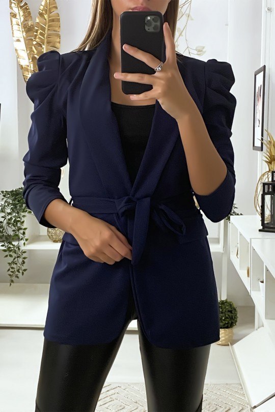 Blazer marine avec épaules bouffante et ceinture Blazer marine avec épaules bouffante et ceinture