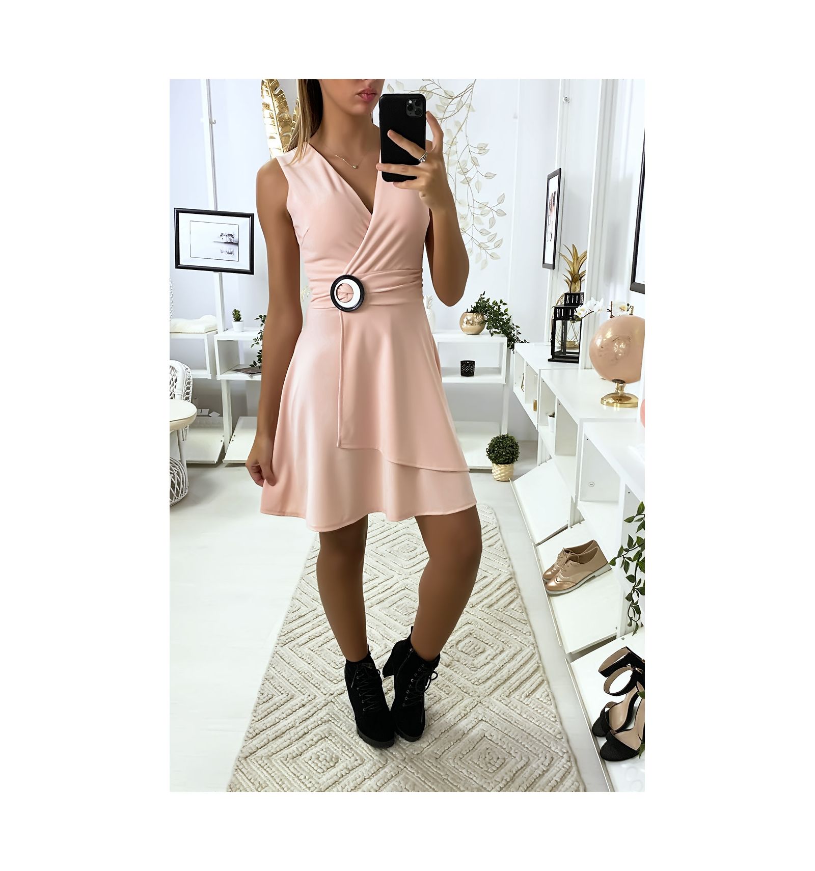 Robe porte feuille rose avec ceinture en anneaux