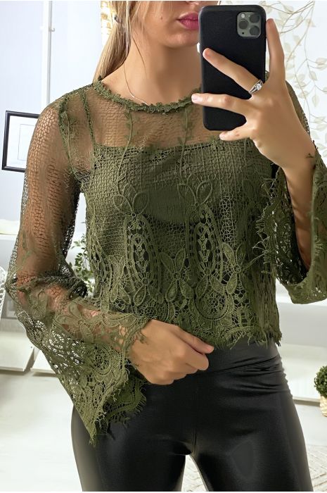 Top kaki dentelle Clearance