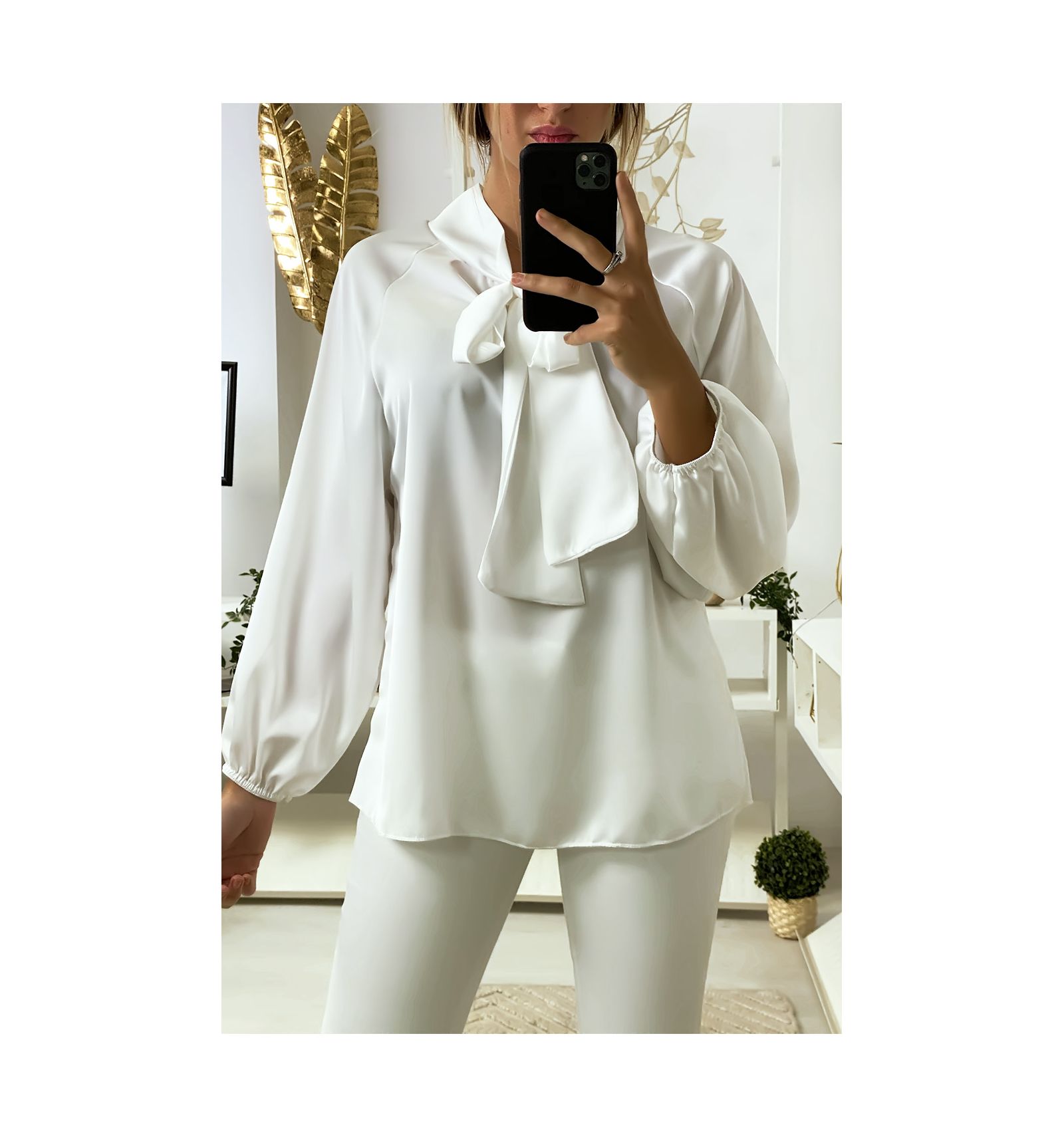 white satin blouse with bow