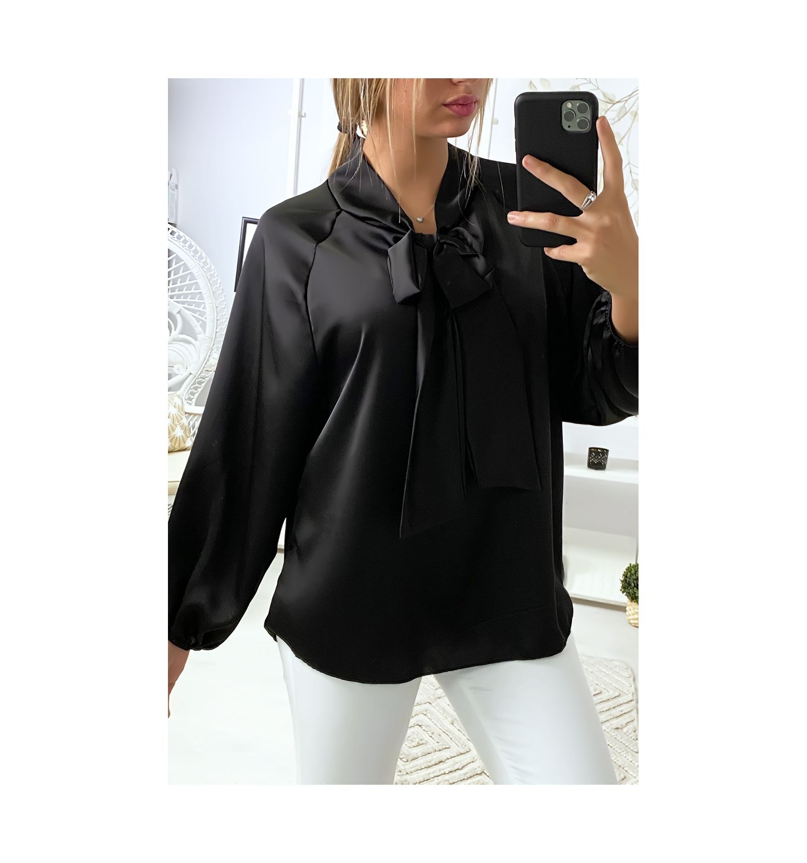 black satin blouse with bow