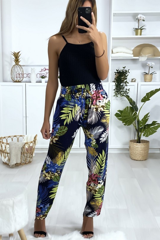 Pantalon fluide en coton à motif marine et royal avec poches Pantalon fluide en coton à motif marine et royal avec poches