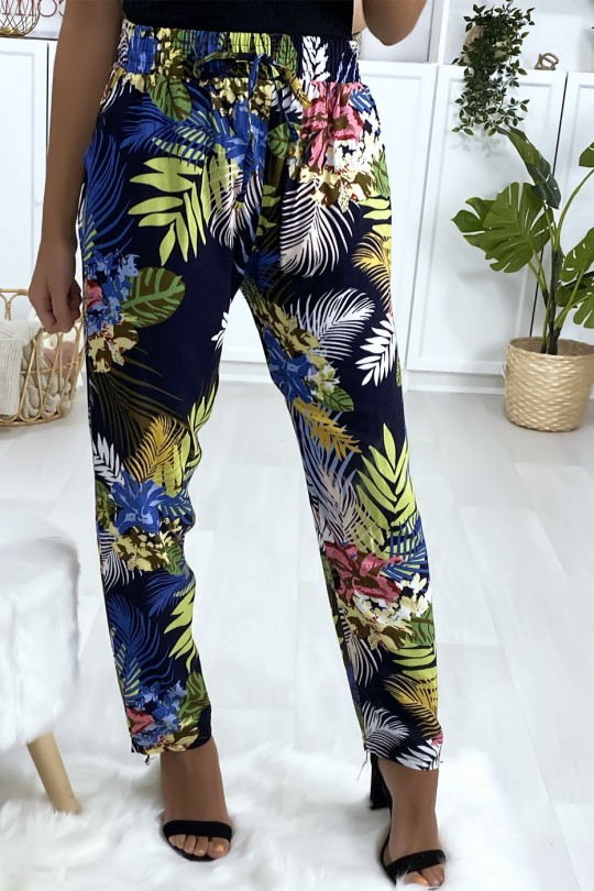 Pantalon fluide en coton à motif marine et royal avec poches Pantalon fluide en coton à motif marine et royal avec poches