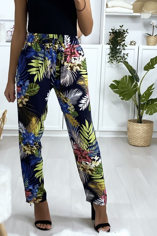 Pantalon fluide en coton à motif marine et royal avec poches Pantalon fluide en coton à motif marine et royal avec poches