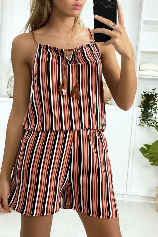 Combi-short rayé rouge noir blanc en coton avec lacet au bretelle Combi-short rayé rouge noir blanc en coton avec lacet au bretelle