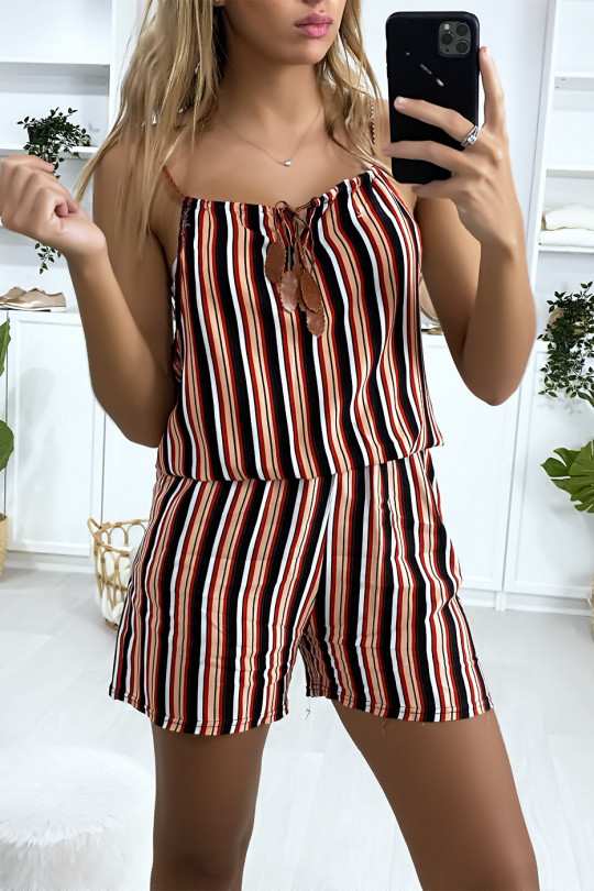 Combi-short rayé rouge noir blanc en coton avec lacet au bretelle Combi-short rayé rouge noir blanc en coton avec lacet au bretelle