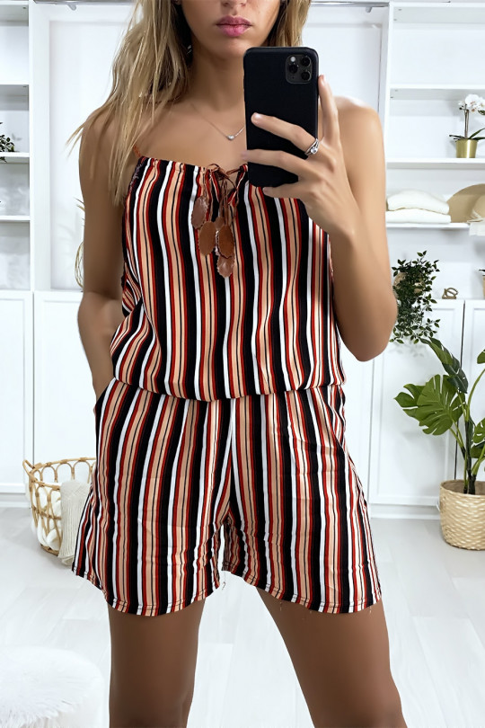 Combi-short rayé rouge noir blanc en coton avec lacet au bretelle Combi-short rayé rouge noir blanc en coton avec lacet au bretelle