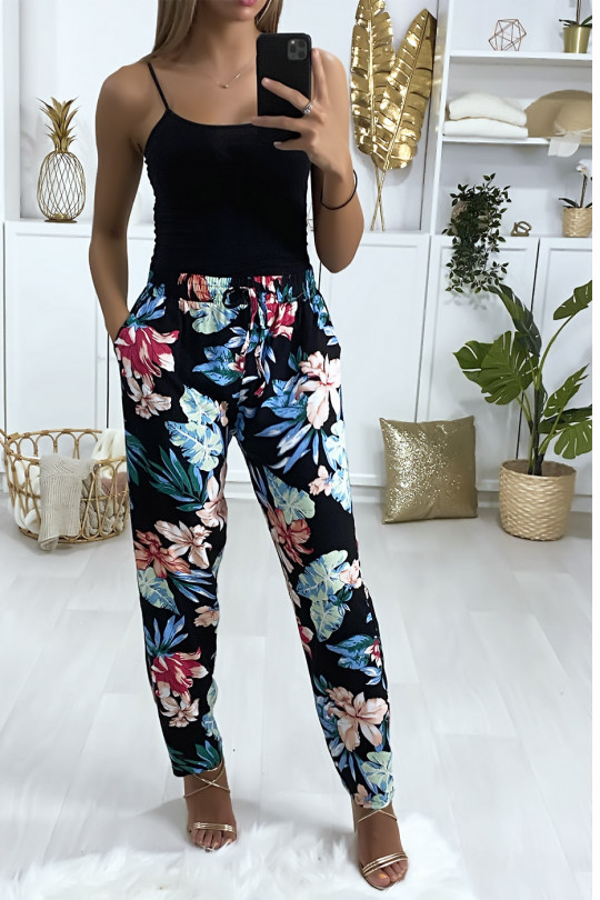 Zwarte fuchsia blauwe broek met bloemmotief van katoen met zakken Zwarte fuchsia blauwe broek met bloemmotief van katoen met zakken