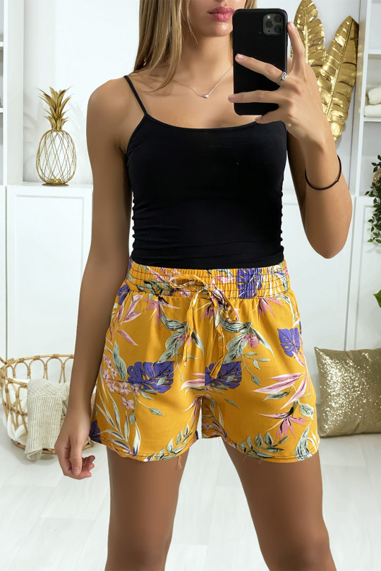 Short moutarde en coton motif fleuris avec poches Short moutarde en coton motif fleuris avec poches