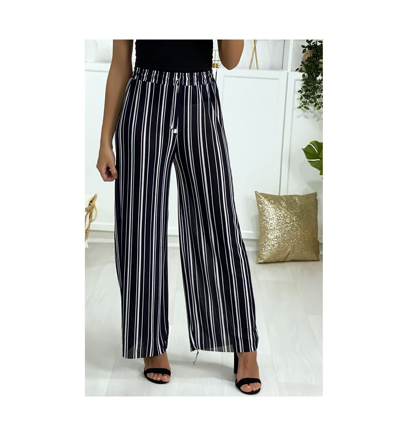 navy and white striped palazzo pants