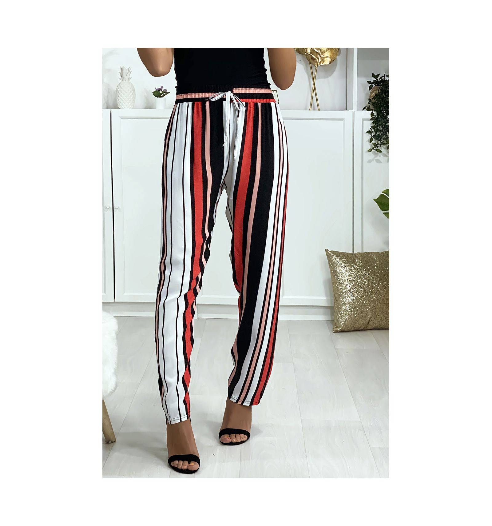 red pants with pink stripe