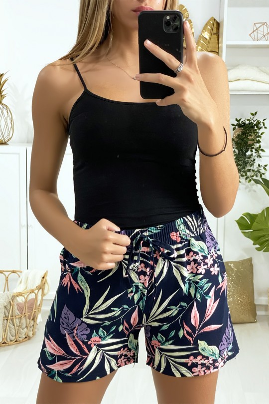 Short noir en coton motif fleuris avec poches Short noir en coton motif fleuris avec poches