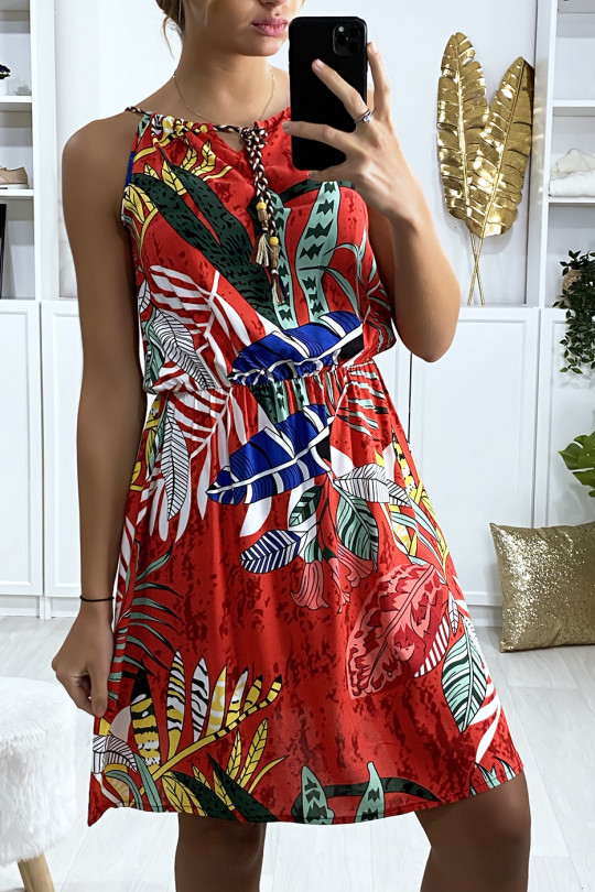 Robe tunique rouge motif feuille avec élastique à la taille Robe tunique rouge motif feuille avec élastique à la taille