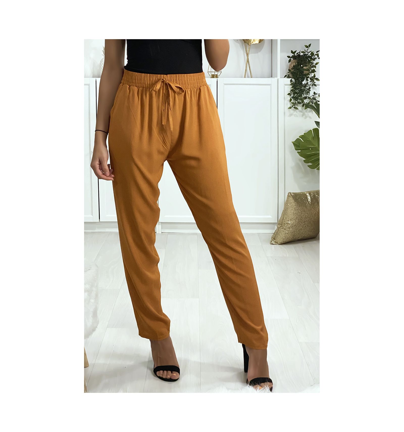 Camel Cotton Pants With Pockets