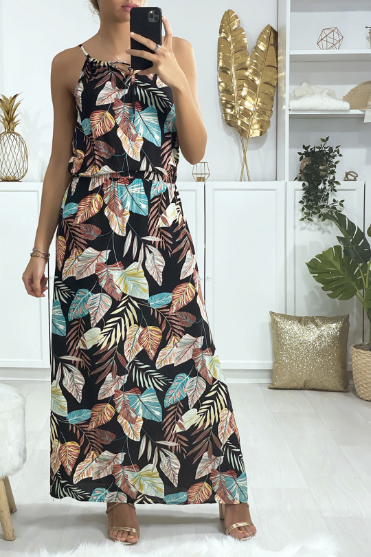 Robe noir motif feuille avec bretelle et élastique à la taille Robe noir motif feuille avec bretelle et élastique à la taille