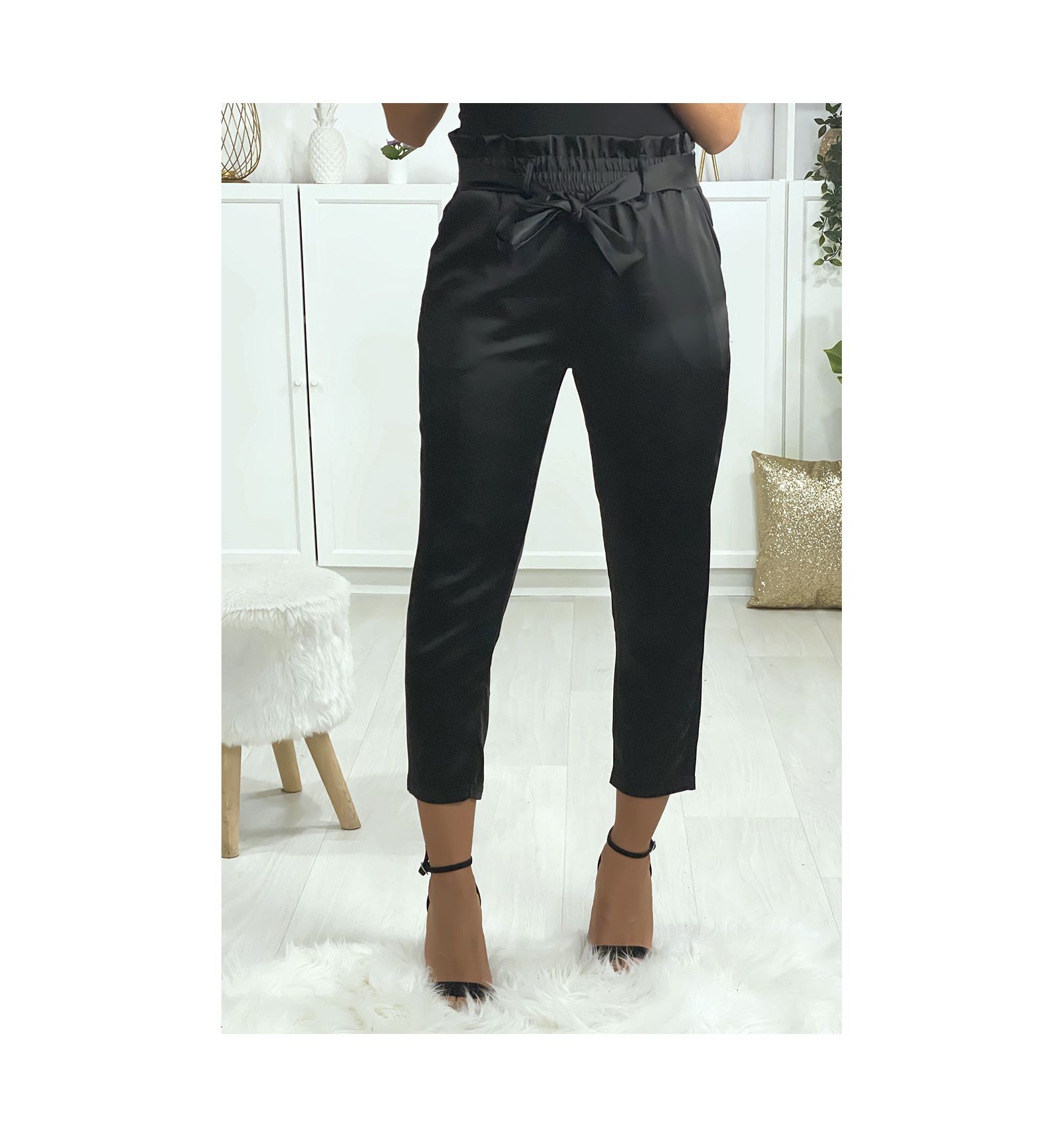 black satin cigarette trousers
