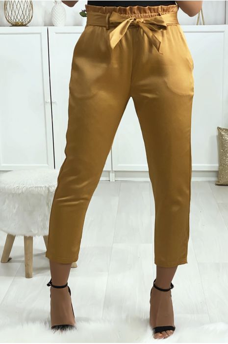 Satin Camel Cigarette Pants With Belt And Pockets