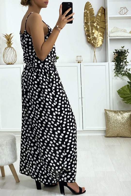 Longue robe noir motif pois avec bretelle et élastique à la taille Longue robe noir motif pois avec bretelle et élastique à la taille