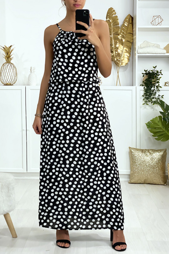 Longue robe noir motif pois avec bretelle et élastique à la taille Longue robe noir motif pois avec bretelle et élastique à la taille