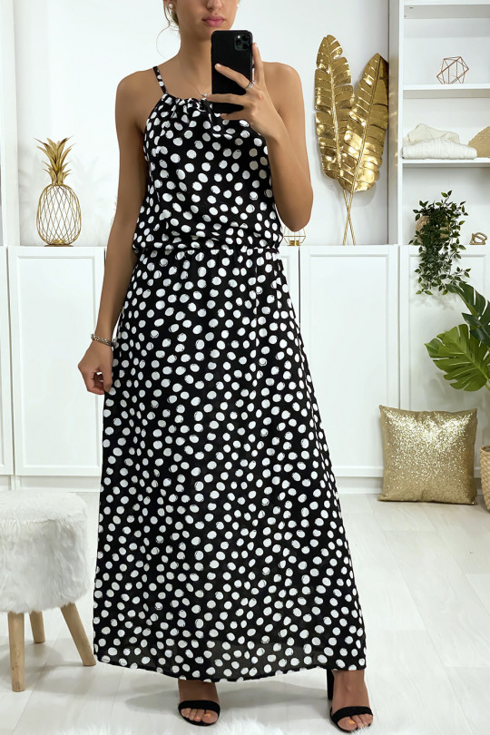 Longue robe noir motif pois avec bretelle et élastique à la taille Longue robe noir motif pois avec bretelle et élastique à la taille