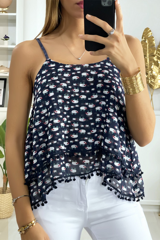 Débardeur marine à volant avec motif et mini pompon Débardeur marine à volant avec motif et mini pompon